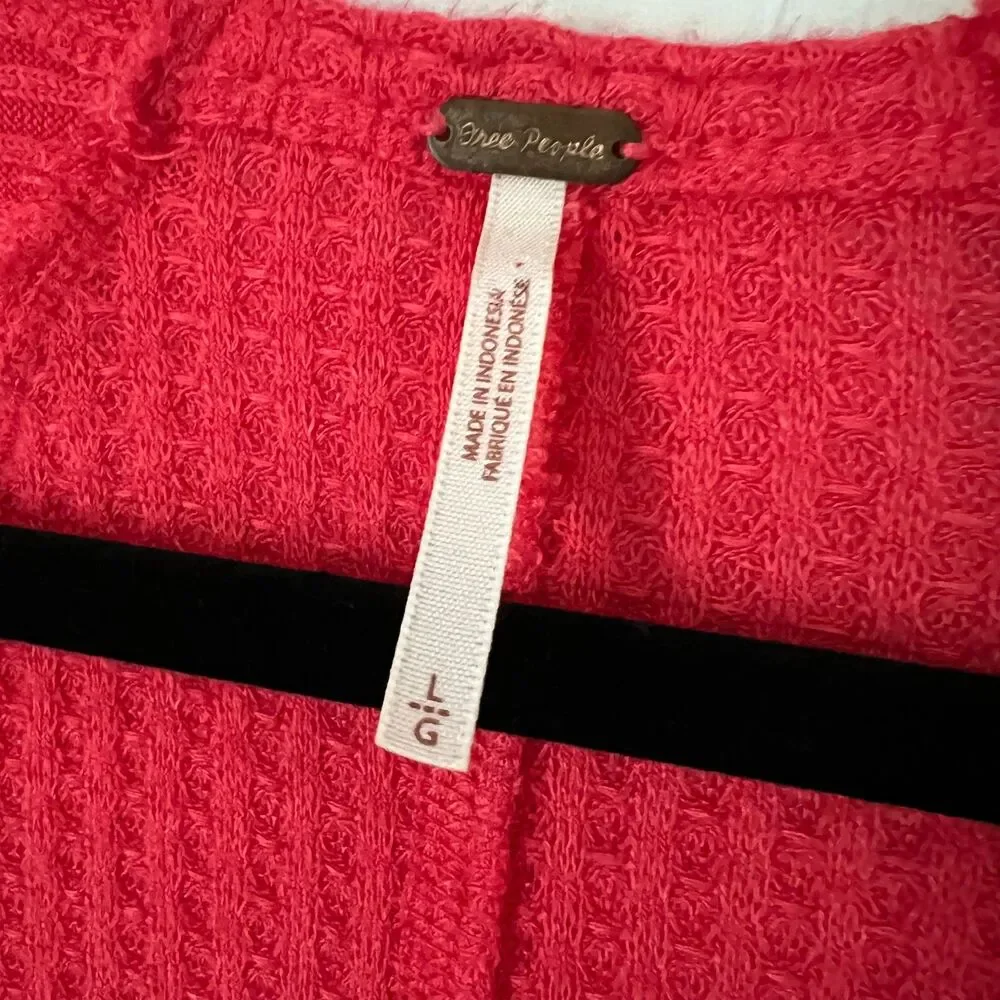 Free People Coral Ribbed Thermal Top‎ Cozy Boho Waffle Knit Oversized Size L